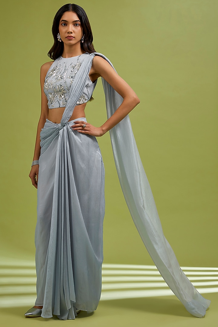 Silver Georgette Satin Draped Party Wear Saree Set by Ewoke at Pernia's Pop Up Shop