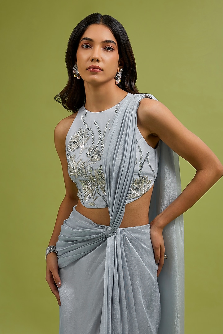 Silver Georgette Satin Draped Party Wear Saree Set by Ewoke at Pernia's Pop Up Shop