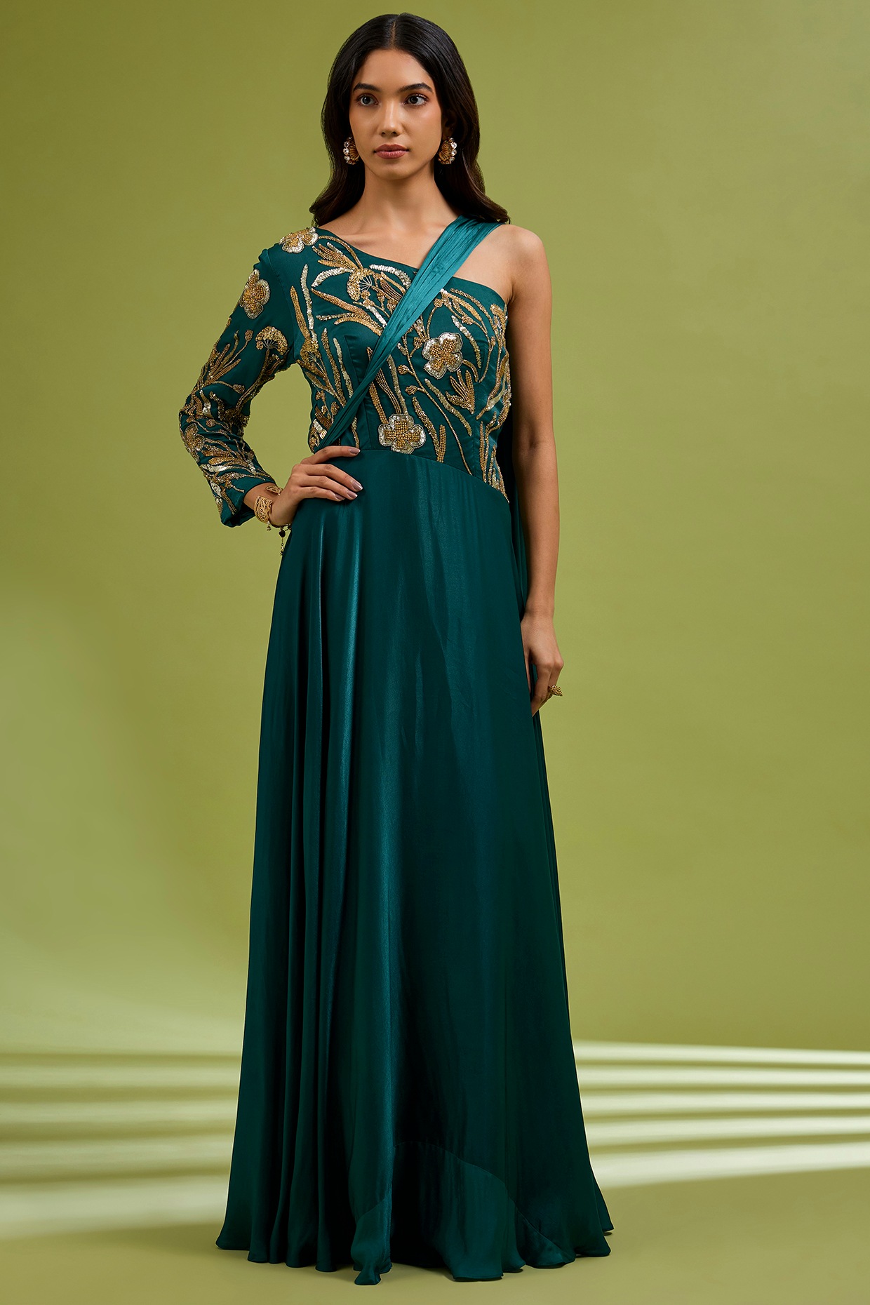 Ewoke Green Georgette Satin Sequin Embellished Gown