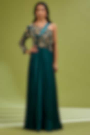 Green Georgette Satin Sequin Embellished Party Wear Gown by Ewoke at Pernia's Pop Up Shop