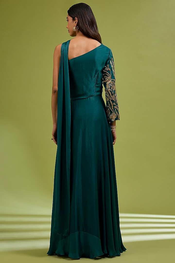 Green Georgette Satin Sequin Embellished Party Wear Gown by Ewoke at Pernia's Pop Up Shop