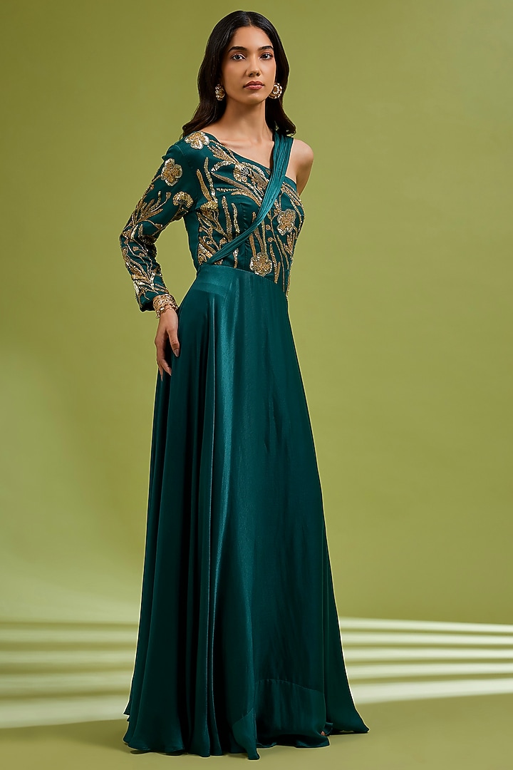 Green Georgette Satin Sequin Embellished Party Wear Gown by Ewoke at Pernia's Pop Up Shop
