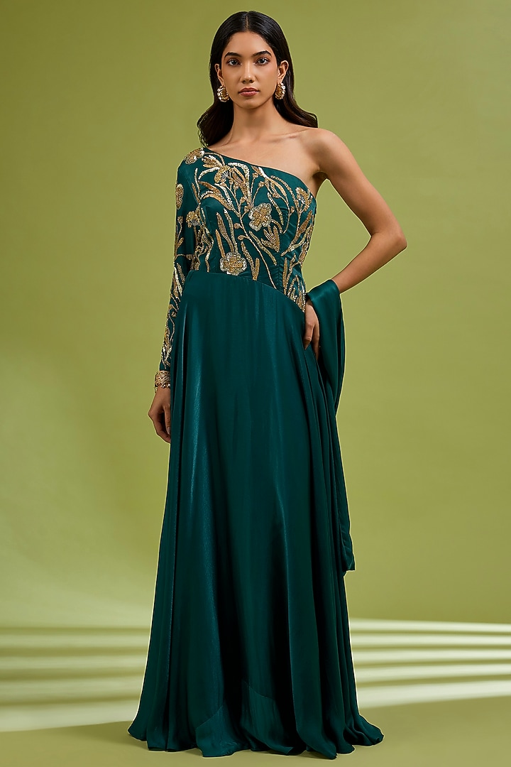 Green Georgette Satin Sequin Embellished Party Wear Gown by Ewoke at Pernia's Pop Up Shop