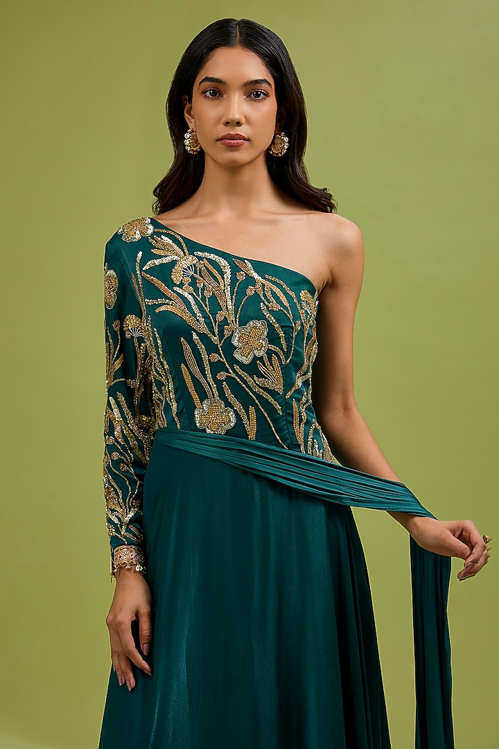 Green Georgette Satin Sequin Embellished Party Wear Gown by Ewoke at Pernia's Pop Up Shop