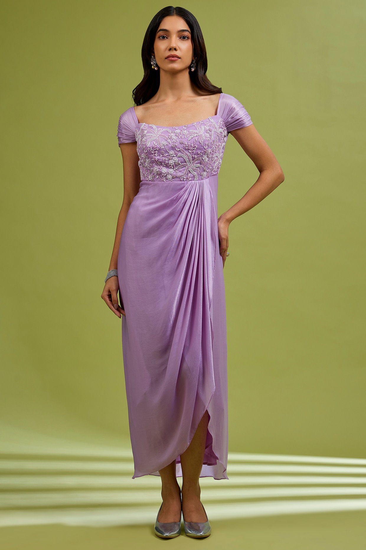 Ewoke Lilac Georgette Satin Crystal Embellished Gown