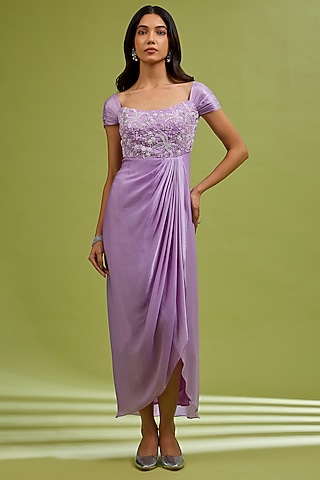 Lilac Georgette Satin Crystal Embellished Gown by Ewoke