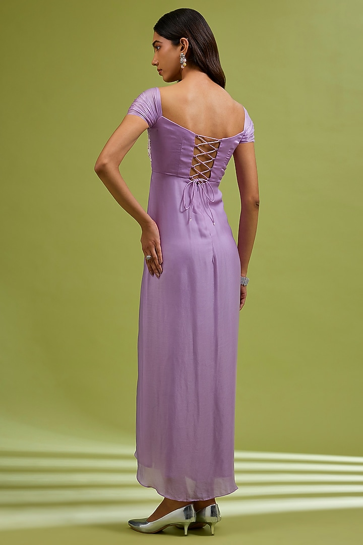 Lilac Georgette Satin Crystal Embellished Gown by Ewoke at Pernia's Pop Up Shop