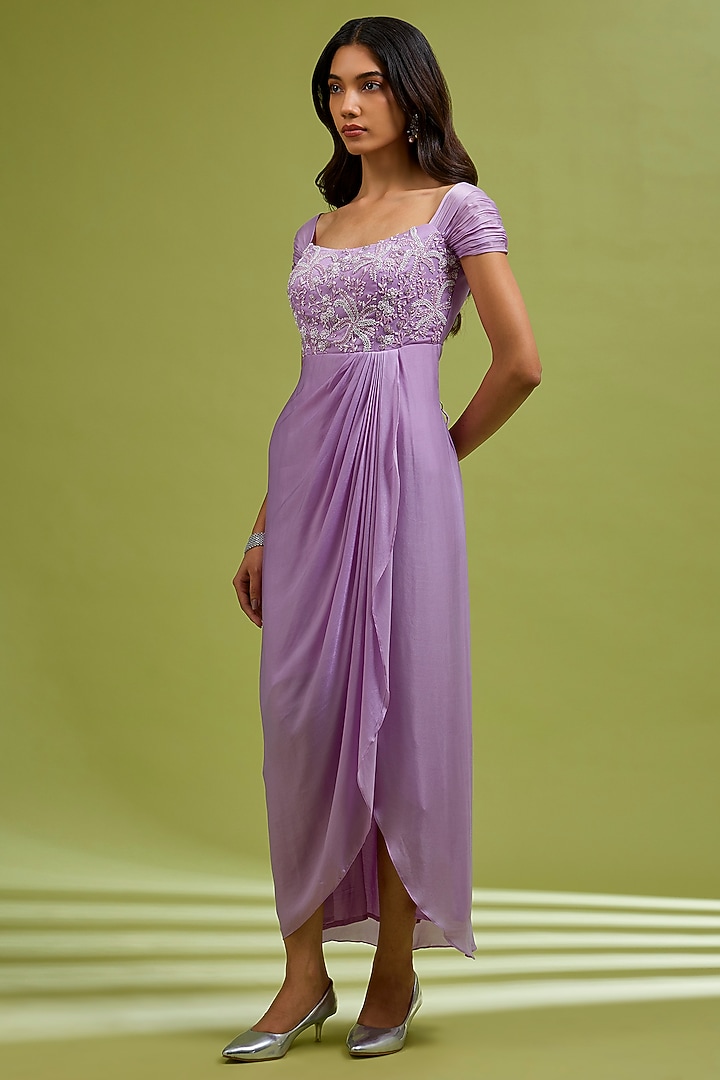 Lilac Georgette Satin Crystal Embellished Gown by Ewoke at Pernia's Pop Up Shop