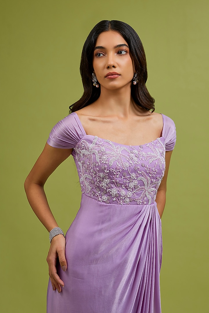 Lilac Georgette Satin Crystal Embellished Gown by Ewoke at Pernia's Pop Up Shop
