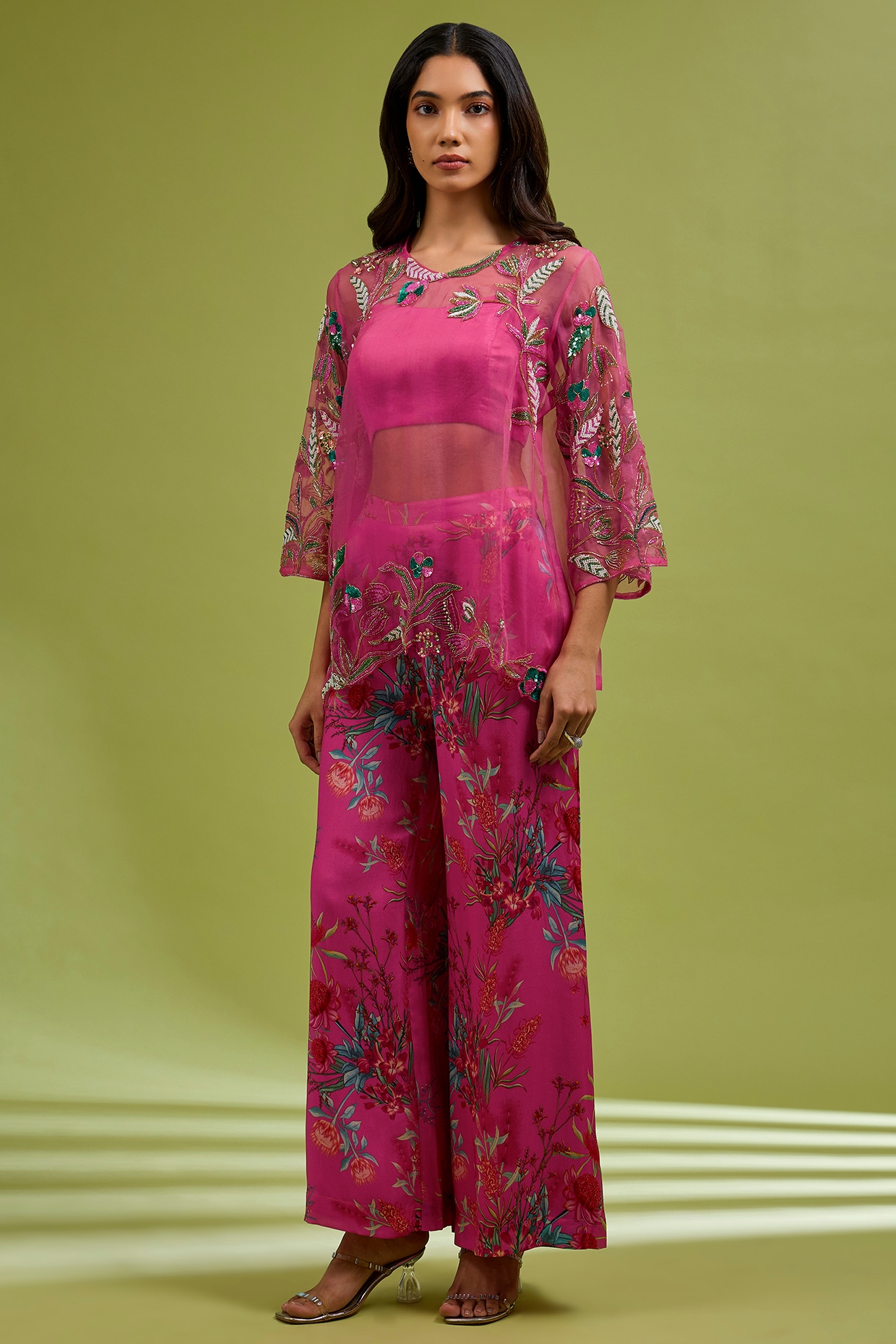 Ewoke Fuchsia Georgette Satin Hand Embroidered Co-Ord Set