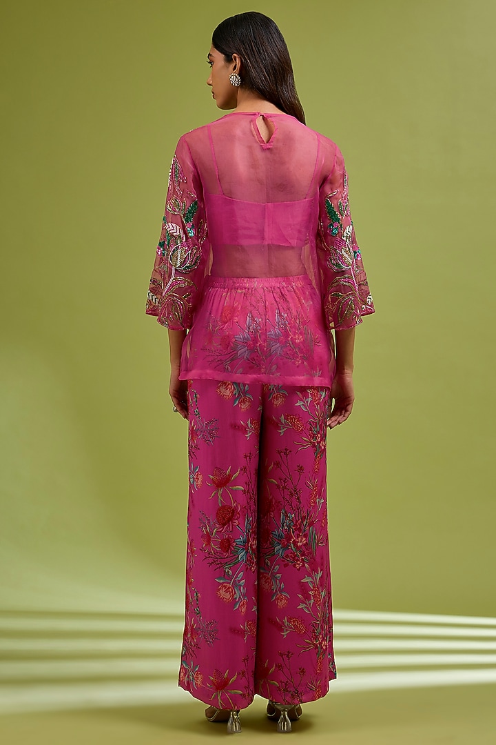 Fuchsia Georgette Satin Hand Embroidered Co-Ord Set by Ewoke at Pernia's Pop Up Shop