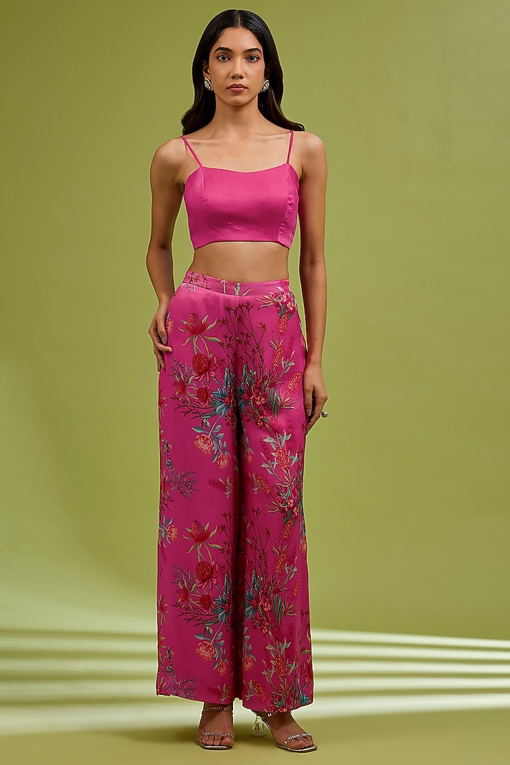 Fuchsia Georgette Satin Hand Embroidered Co-Ord Set by Ewoke at Pernia's Pop Up Shop