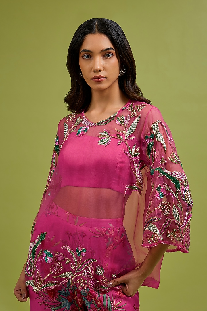 Fuchsia Georgette Satin Hand Embroidered Co-Ord Set by Ewoke at Pernia's Pop Up Shop
