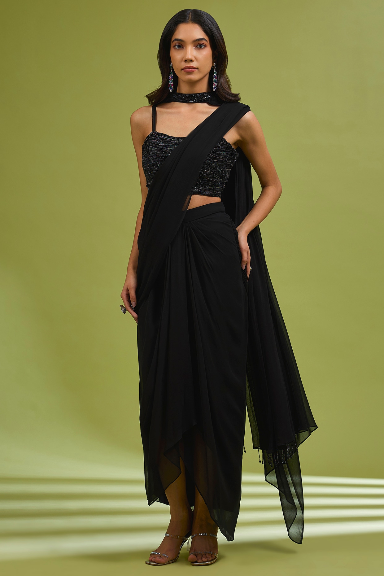 Ewoke Black Georgette Hand Embroidered Draped Saree Set
