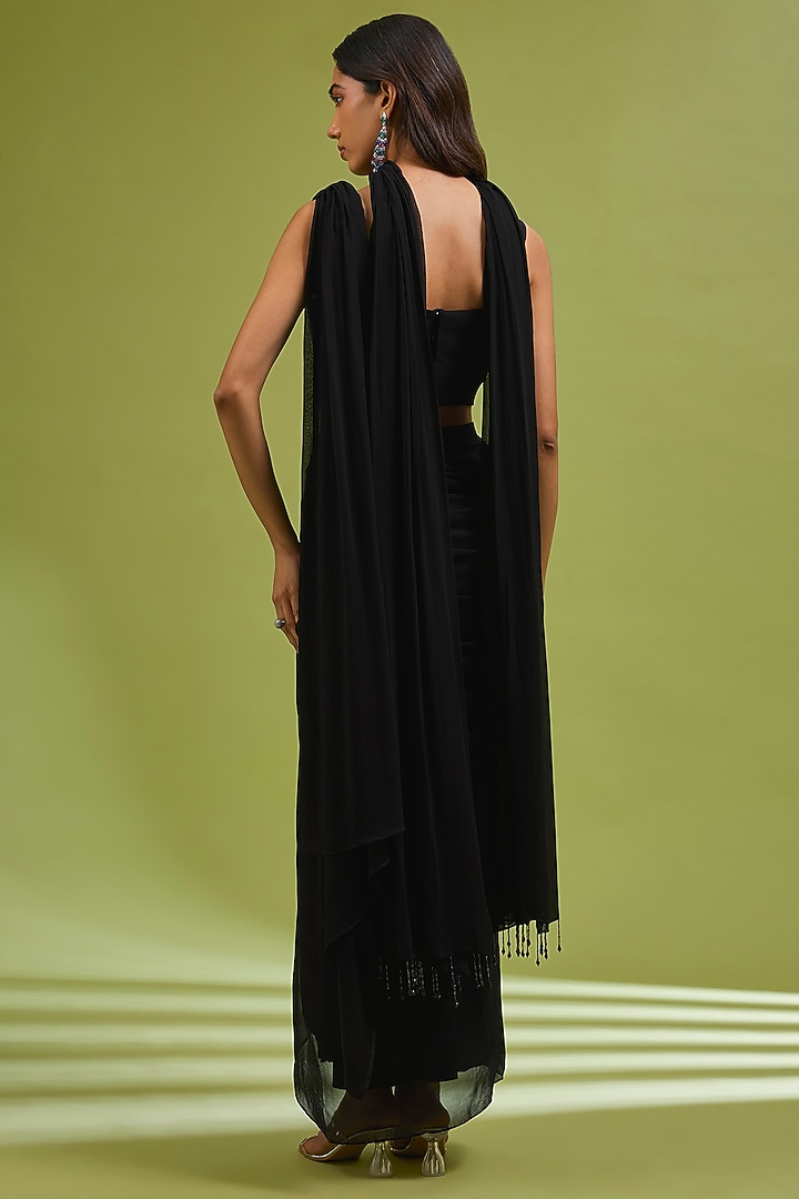 Black Georgette Hand Embroidered Draped Party Wear Saree Set by Ewoke at Pernia's Pop Up Shop