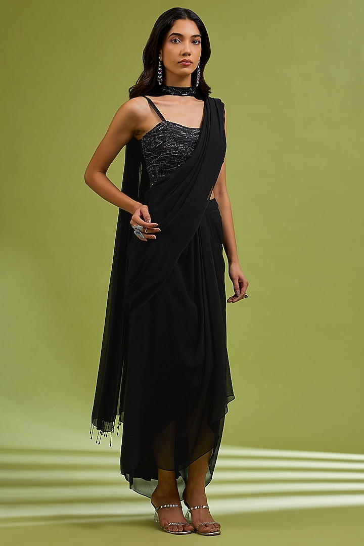 Black Georgette Hand Embroidered Draped Party Wear Saree Set by Ewoke at Pernia's Pop Up Shop