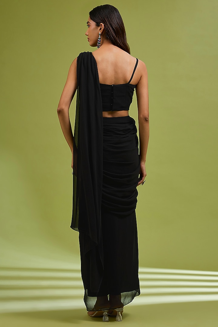 Black Georgette Hand Embroidered Draped Party Wear Saree Set by Ewoke at Pernia's Pop Up Shop