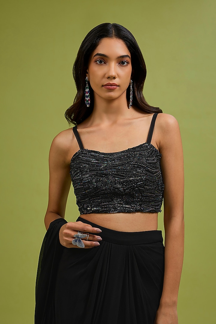 Black Georgette Hand Embroidered Draped Party Wear Saree Set by Ewoke at Pernia's Pop Up Shop
