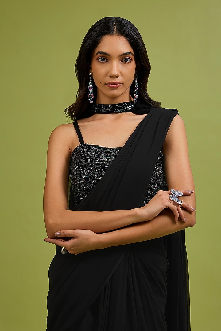 Black Georgette Hand Embroidered Draped Party Wear Saree Set by Ewoke at Pernia's Pop Up Shop