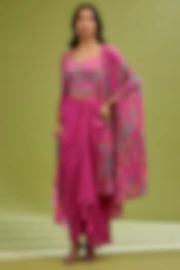 Fuchsia Georgette Satin Draped Skirt Set by Ewoke at Pernia's Pop Up Shop