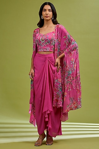 Fuchsia Georgette Satin Draped Skirt Set by Ewoke