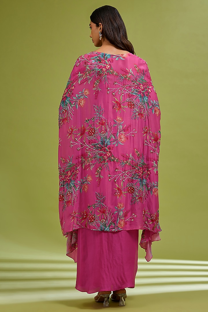Fuchsia Georgette Satin Draped Skirt Set by Ewoke at Pernia's Pop Up Shop