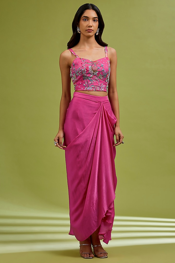 Fuchsia Georgette Satin Draped Skirt Set by Ewoke at Pernia's Pop Up Shop