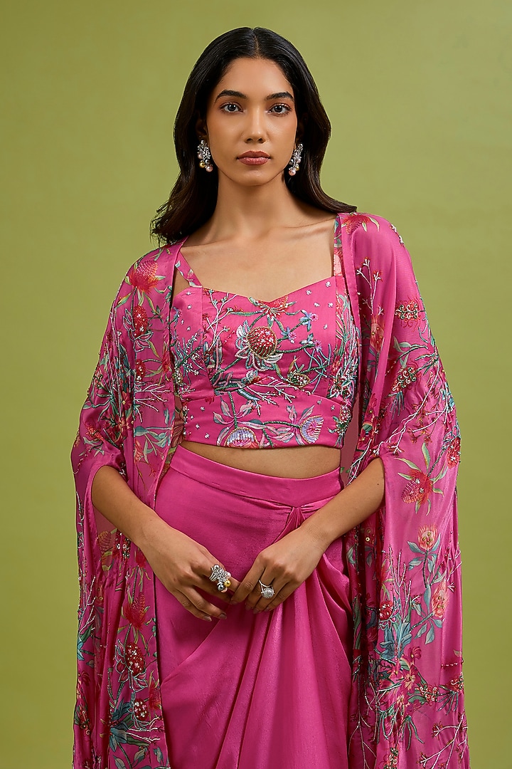 Fuchsia Georgette Satin Draped Skirt Set by Ewoke at Pernia's Pop Up Shop