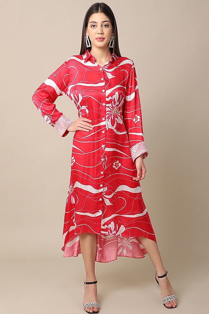 Red Embroidered Shirt Dress by Ewoke