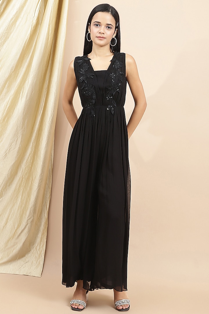 Black Georgette Embroidered Jumpsuit by Ewoke at Pernia's Pop Up Shop