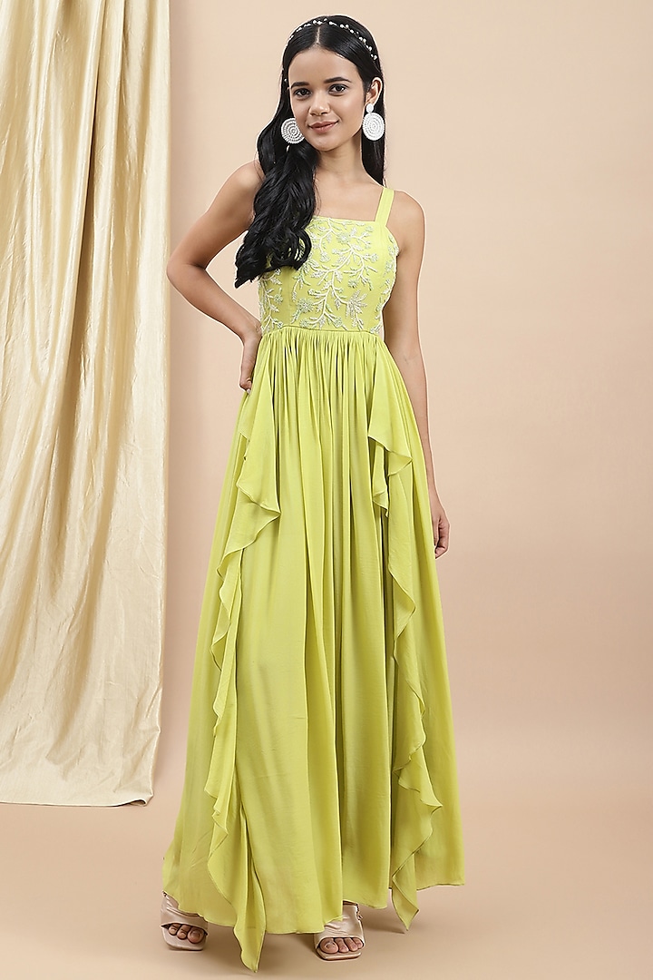 Green Crepe Embroidered Gathered Dress by Ewoke