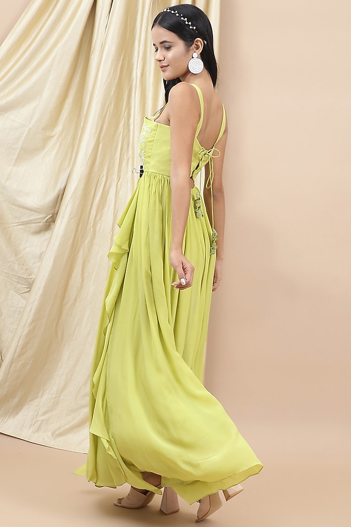 Green Crepe Embroidered Gathered Summer Dress by Ewoke at Pernia's Pop Up Shop