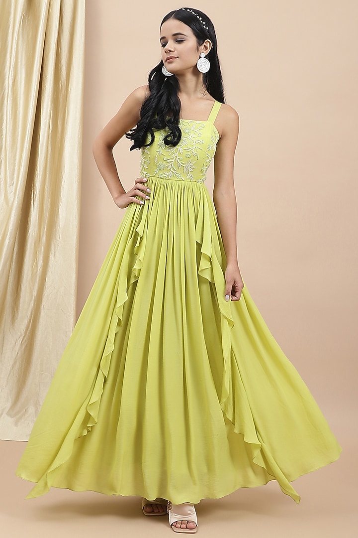 Green Crepe Embroidered Gathered Summer Dress by Ewoke at Pernia's Pop Up Shop