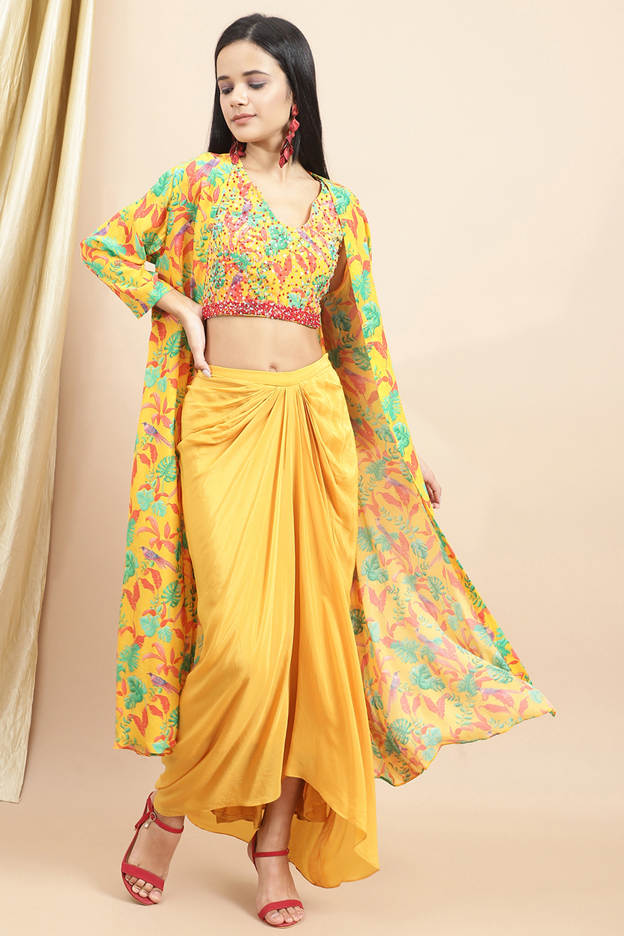 Yellow Crepe Printed Cape Set by Ewoke at Pernia's Pop Up Shop