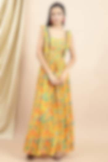 Yellow Crepe Printed & Embellished Ruffled Gathered Dress by Ewoke at Pernia's Pop Up Shop