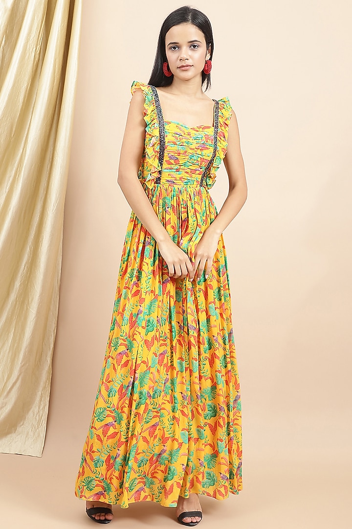 Yellow Crepe Printed & Embellished Ruffled Gathered Dress by Ewoke at Pernia's Pop Up Shop