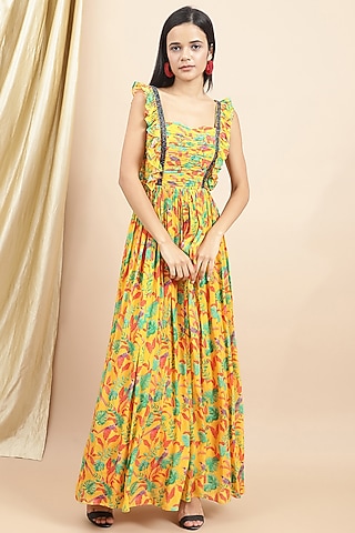 Yellow Crepe Printed & Embellished Ruffled Gathered Dress by Ewoke