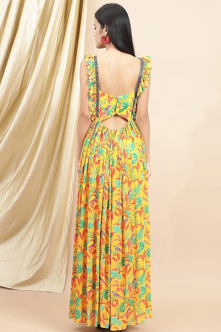 Yellow Crepe Printed & Embellished Ruffled Gathered Summer Dress by Ewoke at Pernia's Pop Up Shop