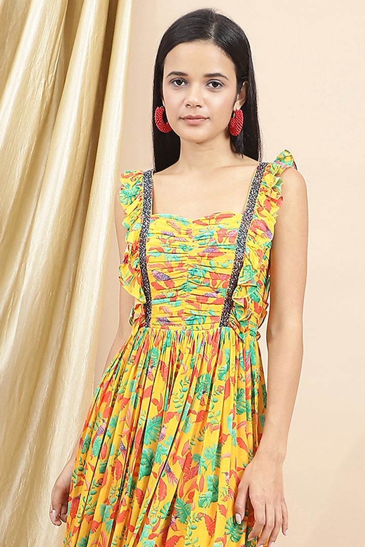 Yellow Crepe Printed & Embellished Ruffled Gathered Summer Dress by Ewoke at Pernia's Pop Up Shop