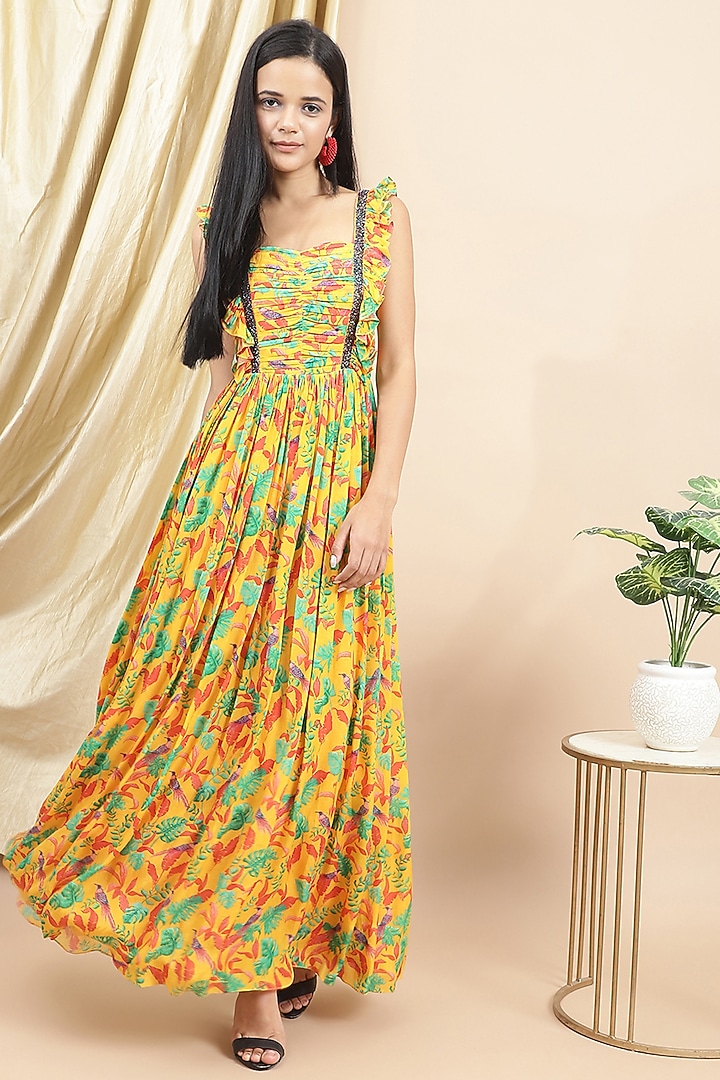 Yellow Crepe Printed & Embellished Ruffled Gathered Summer Dress by Ewoke at Pernia's Pop Up Shop