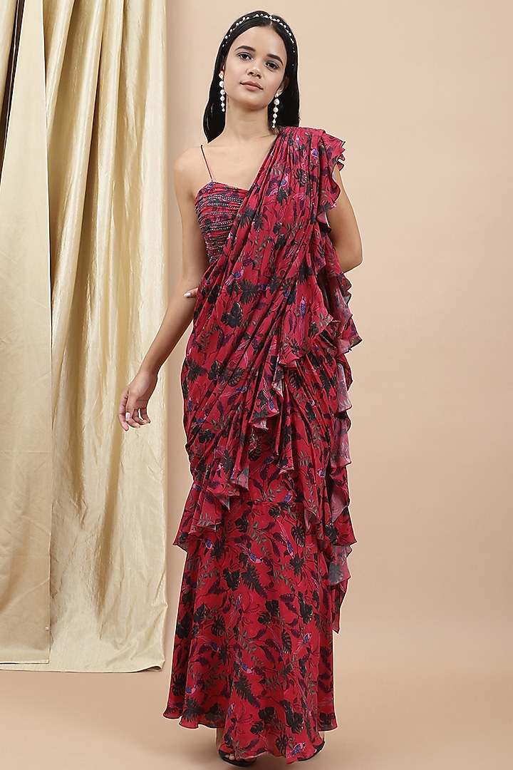 Red Crepe Printed Pre-Draped Saree Set by Ewoke