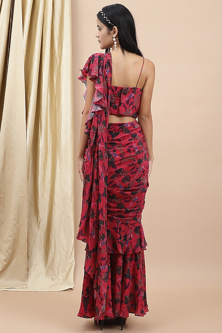 Red Crepe Printed Pre-Draped Party Wear Saree Set by Ewoke at Pernia's Pop Up Shop
