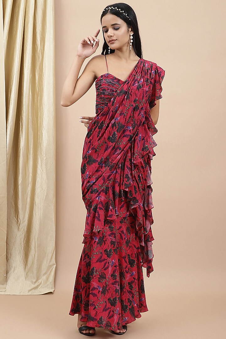 Red Crepe Printed Pre-Draped Party Wear Saree Set by Ewoke at Pernia's Pop Up Shop