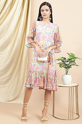 Multi-Colored Chiffon Printed A-Line Dress by Ewoke
