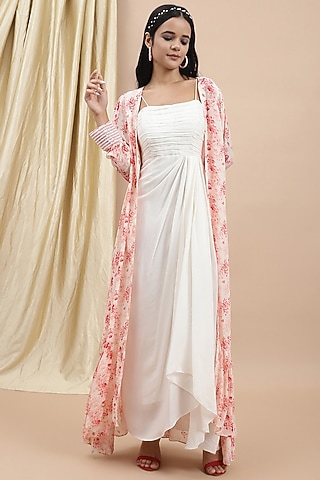 Pink & Off-White Crepe Floral Printed Jacket Dress by Ewoke