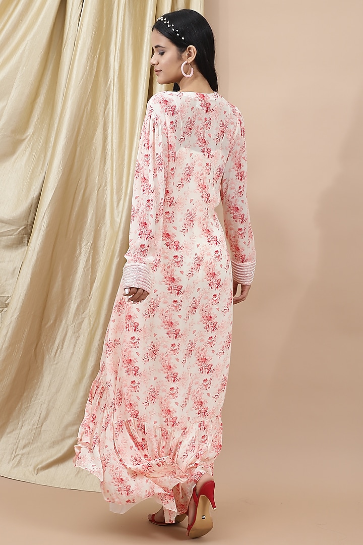 Pink & Off-White Crepe Floral Printed Jacket Vacation Dress by Ewoke at Pernia's Pop Up Shop