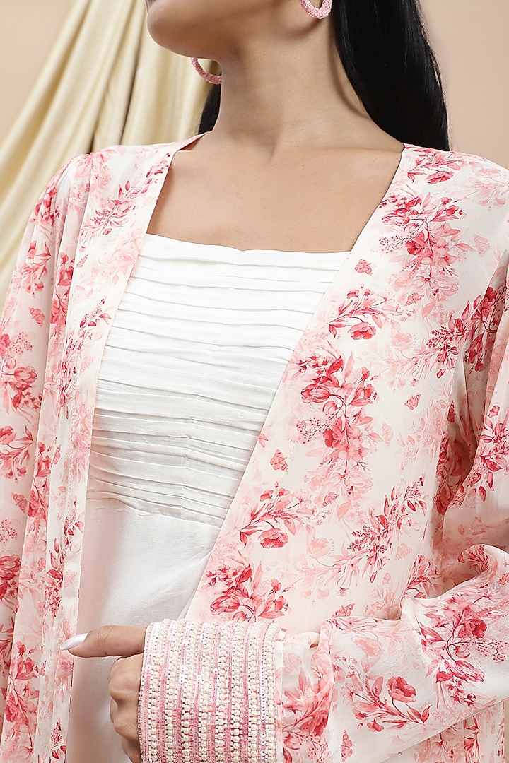 Pink & Off-White Crepe Floral Printed Jacket Vacation Dress by Ewoke at Pernia's Pop Up Shop