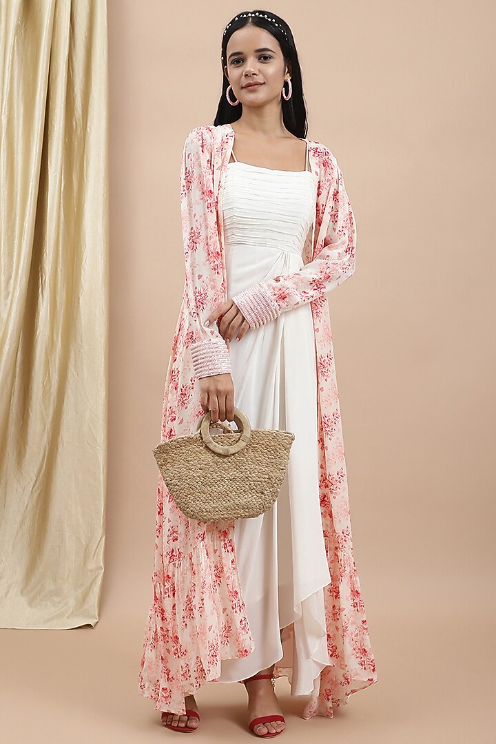 Pink & Off-White Crepe Floral Printed Jacket Vacation Dress by Ewoke at Pernia's Pop Up Shop