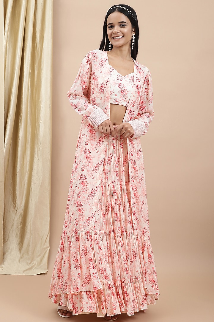 Pink Crepe Floral Printed Jacket Lehenga Set by Ewoke at Pernia's Pop Up Shop