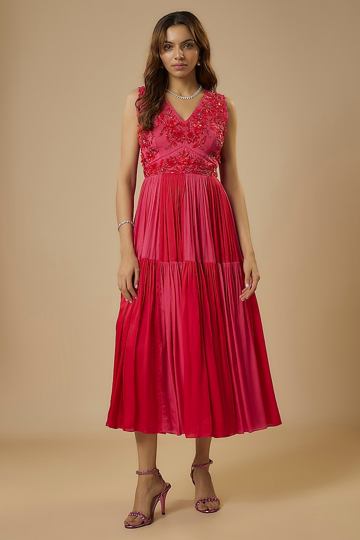 Red & Rani Pink Georgette Satin Cutwork Hand Embroidered Gown by Ewoke